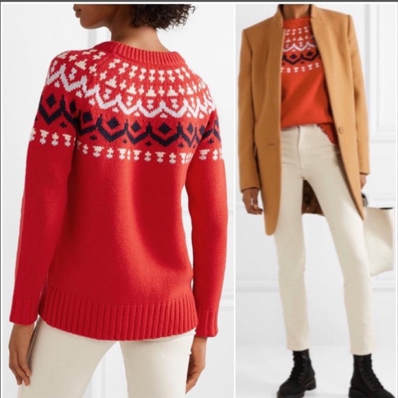 J. Crew Fair Isle Cerise Red Merino Wool Chunky Sweater - Picture 2 of 12